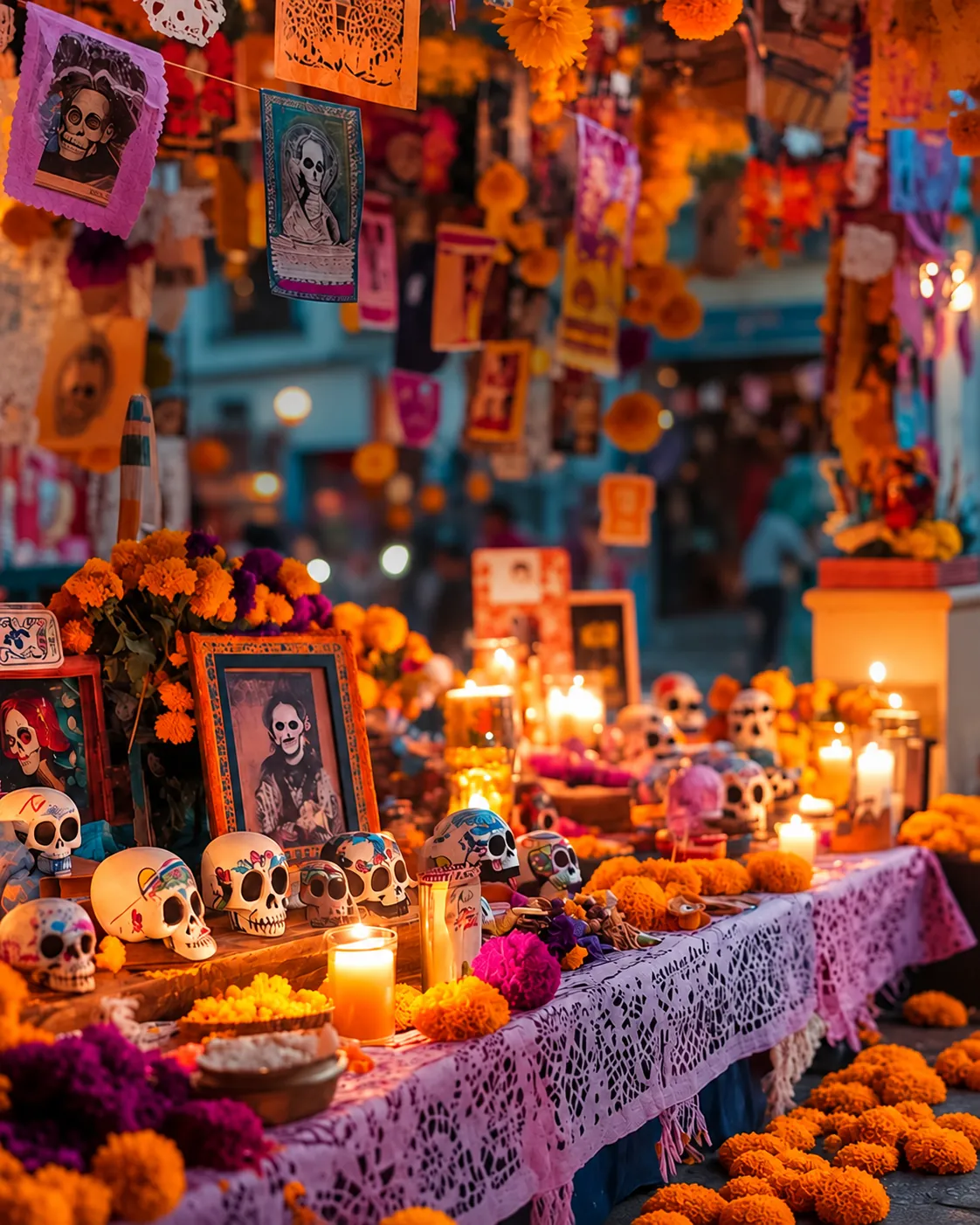 Day of the Dead altar lit with candles and marigolds